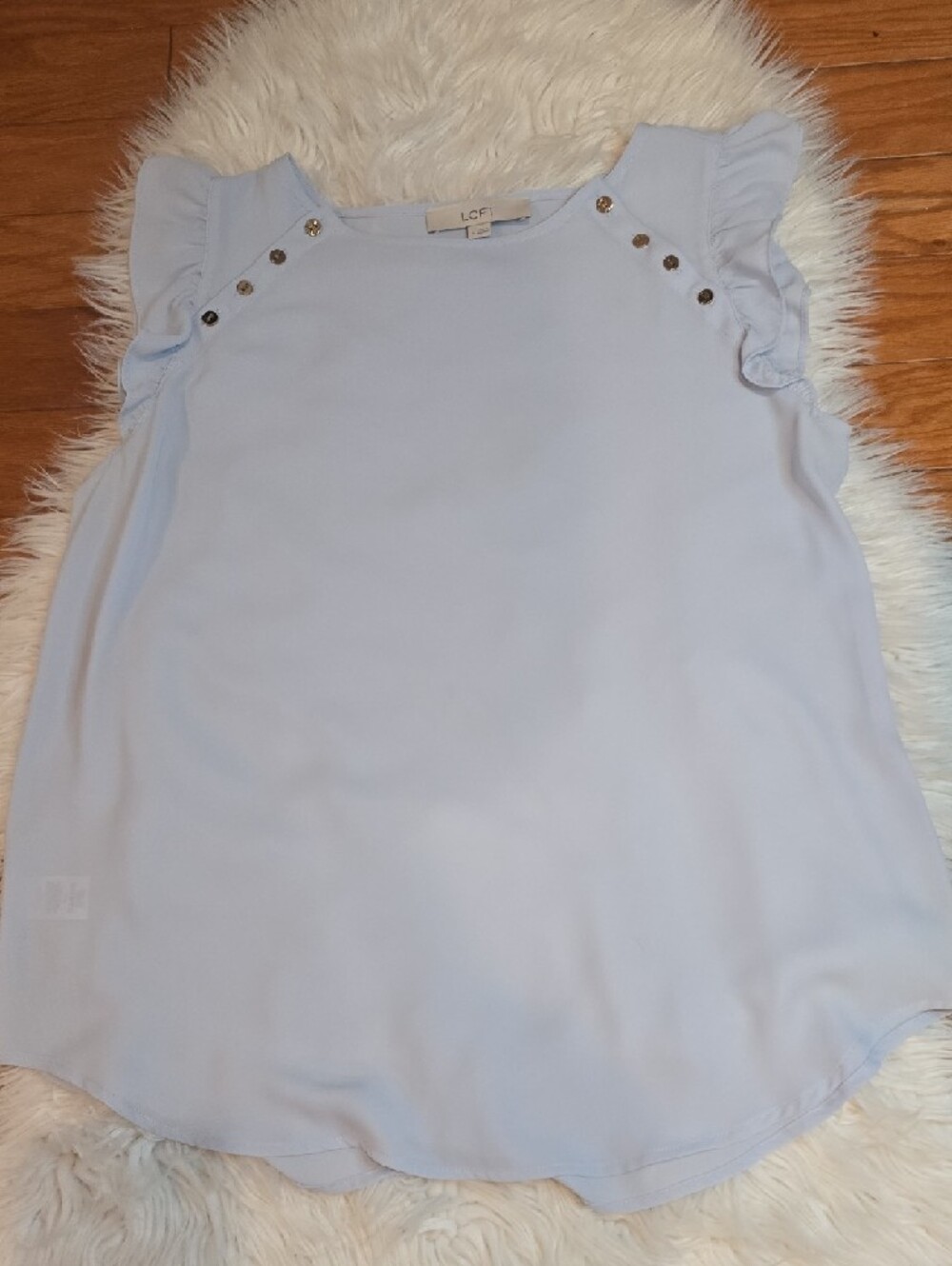 LOFT Pale Blue Ruffle Cap-Sleeve Shell with Button Detail - Picture 3 of 4